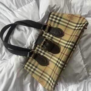 Burberry Nova Check Satchel Handbag Beige Tan Brown Buckle Medium